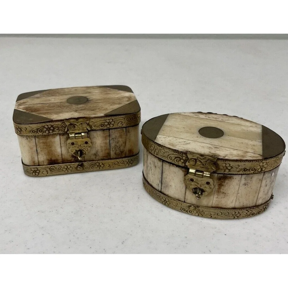 Vintage Set of 2 Handcrafted Bone & Brass Hinged Trinket Jewerly Box India‎